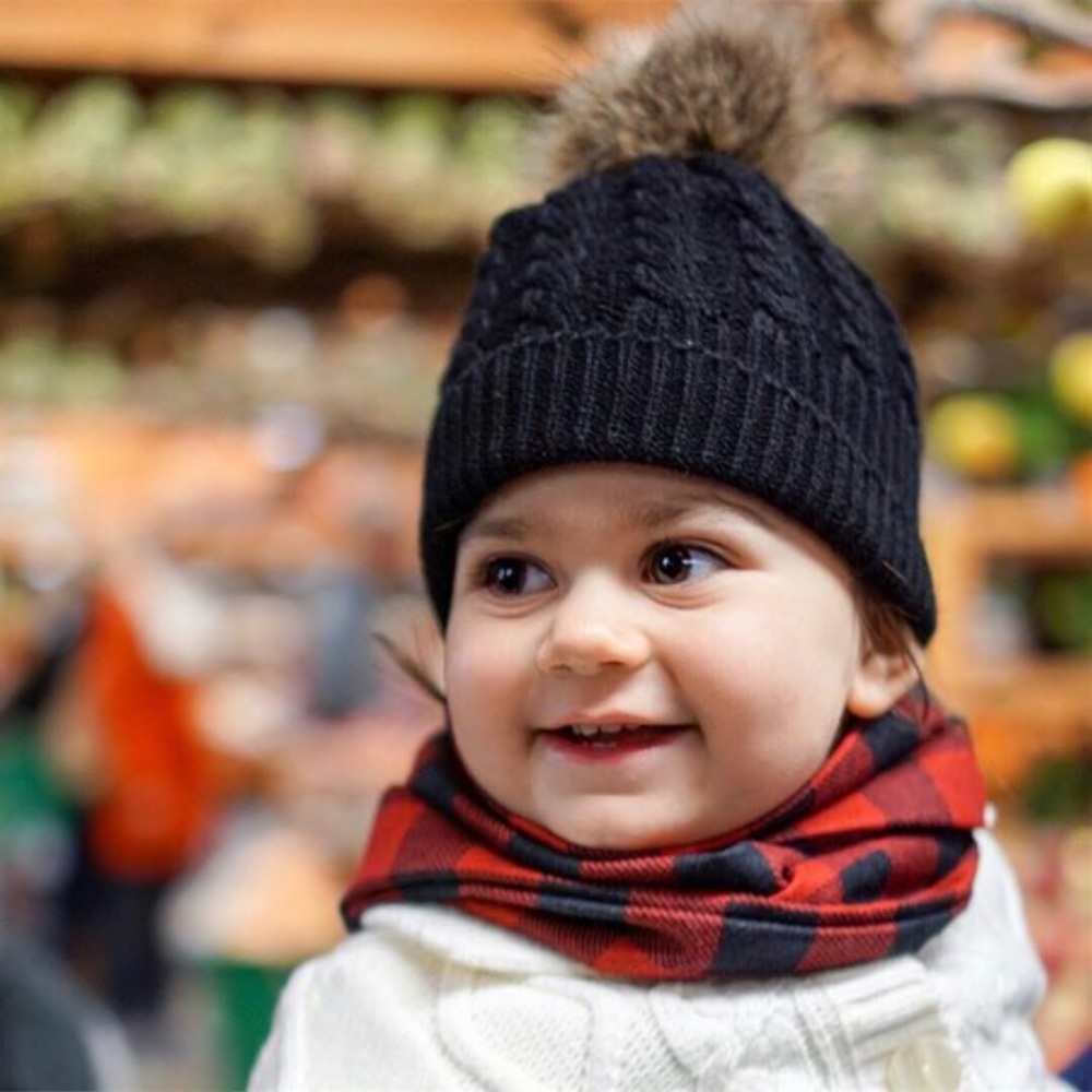 Children’s Black Knitted Beanie with Fur Pom Pom - Picture 2 of 7